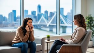 Adult on a sofa speaking on a smartphone while a therapist listens in a bright office, with the Calgary skyline and Peace Bridge softly blurred through the window, conveying access to local help for gambling problems.