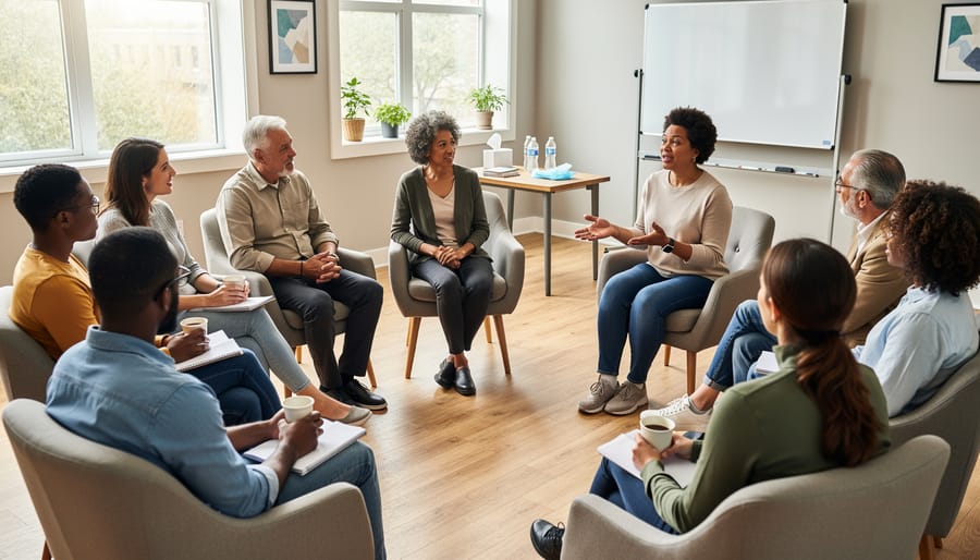 Empty chairs arranged in circle for support group meeting in community room