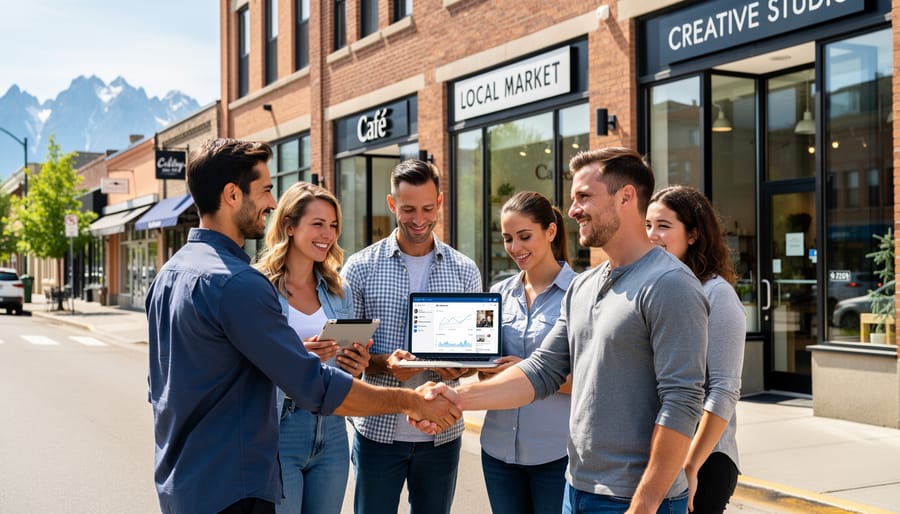 Business owners shaking hands outside Calgary storefront representing local business partnerships