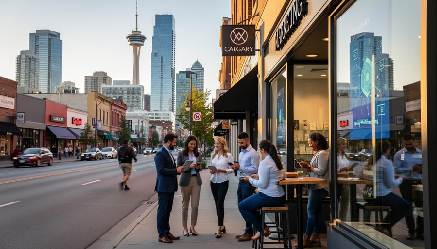 Aerial view of Calgary downtown skyline with Rocky Mountains in background