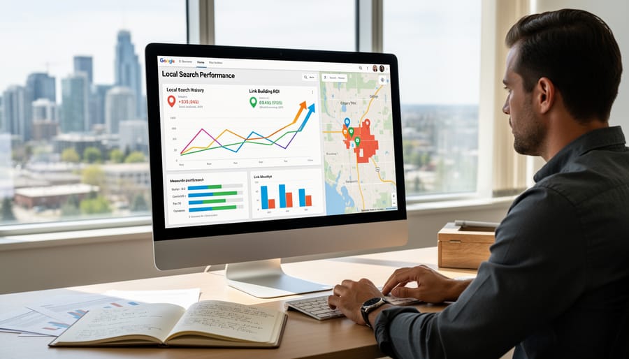 Person analyzing local search analytics and link building metrics on laptop