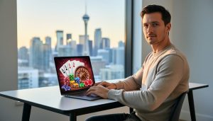 Adult hands on a laptop showing casino game graphics without text, in a Calgary apartment; the Calgary Tower and downtown skyline are softly blurred through the window in warm daylight.