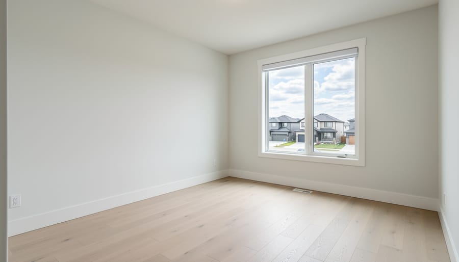 Empty living room with freshly painted white walls and natural sunlight