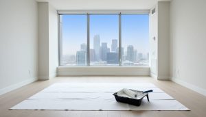 Empty modern living room freshly painted in warm white, painter’s roller and tray on a drop cloth in the foreground, natural morning light through a large window with the Calgary skyline softly visible outside.