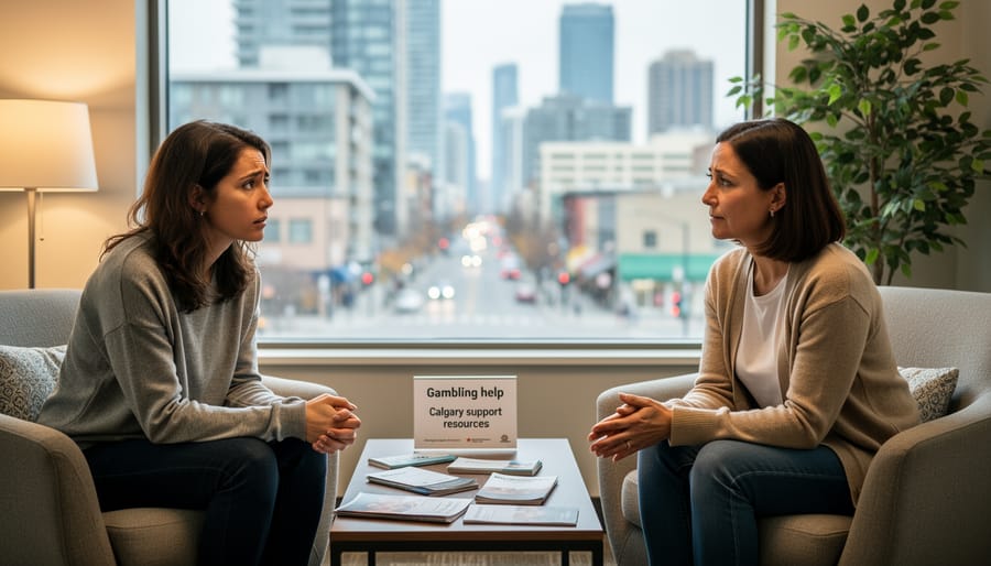 Two people having supportive conversation at table suggesting counseling or support services
