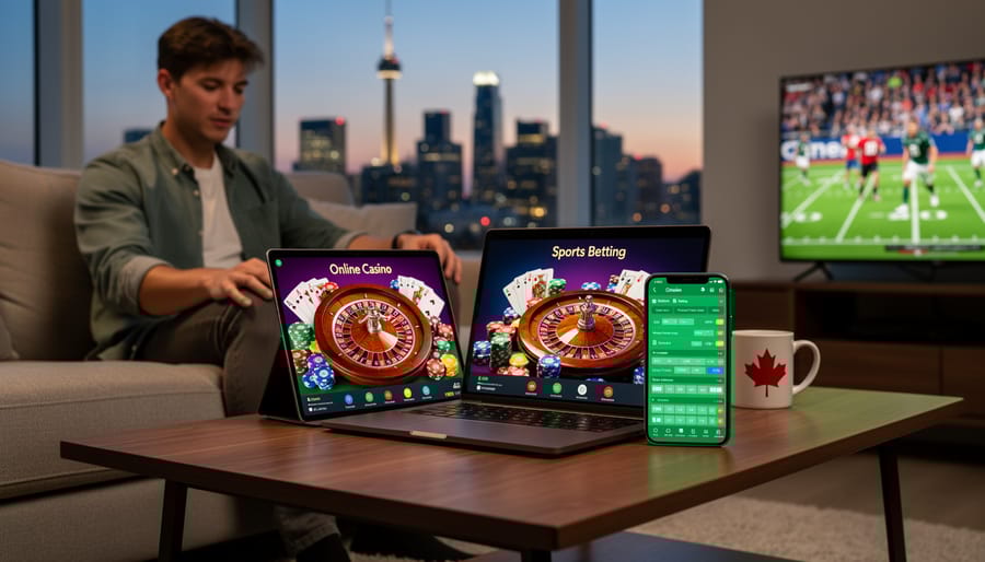 Person holding smartphone displaying online casino gaming interface in home setting