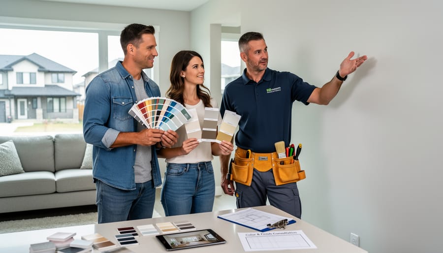 Professional painter consulting with homeowners about paint color choices