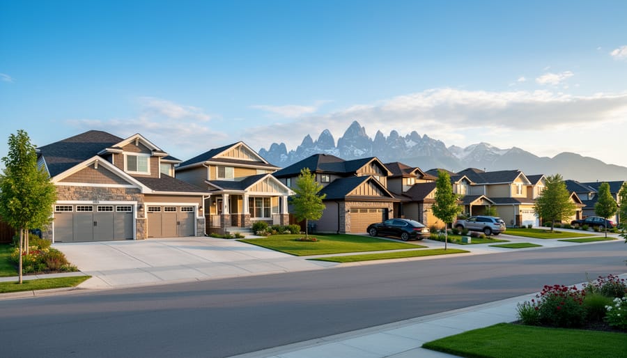 Aerial view of Calgary suburban neighbourhood with large homes and yards