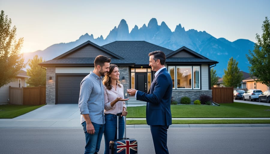 Realtor handing house keys to a couple in front of a detached suburban Calgary home at golden hour, a small suitcase with a Union Jack pattern beside them and the Rocky Mountains faint in the background.