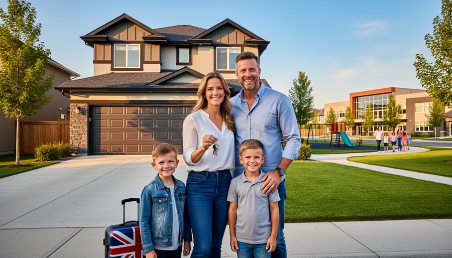 Happy family standing in front of their new Calgary home holding keys