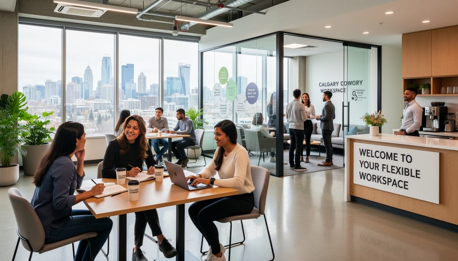 Modern coworking office space interior with collaborative workspace and city views