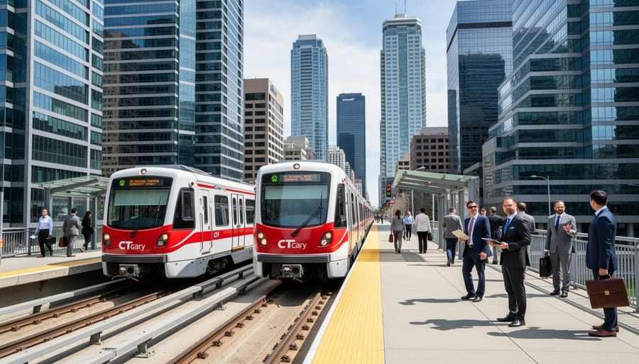 Calgary CTrain station platform with office buildings in background