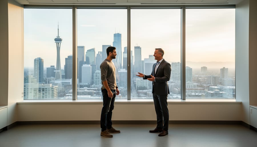 Two professionals evaluate an unfurnished modern office with floor-to-ceiling windows, discussing a potential lease while Calgary’s downtown skyline—including the Calgary Tower and the Bow building—glows in late-afternoon light.