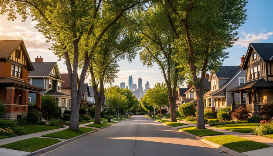 Eye-level wide photo of a tree-lined Calgary neighborhood with Craftsman and Tudor-style houses in warm golden-hour light, long shadows, and the distant downtown skyline visible beyond the trees, with no signage or text.