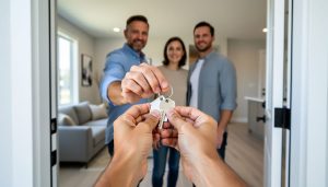 A family holding new house keys inside a bright doorway, representing starting a mortgage journey in Alberta in 2026.