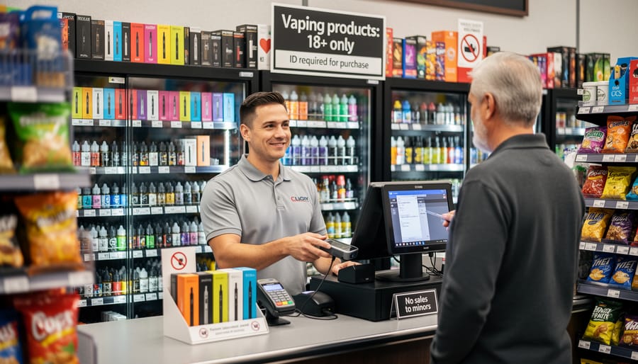 Adult hand reaching toward sealed vape products on a convenience store shelf at a checkout counter