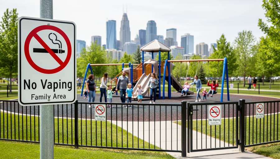 Family walking away from a playground with an adult stowing a vape device out of sight