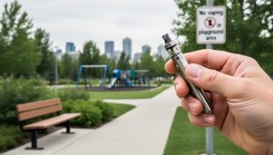 Adult hand holding a vape device in a Calgary park near a playground area, representing public vaping restrictions.