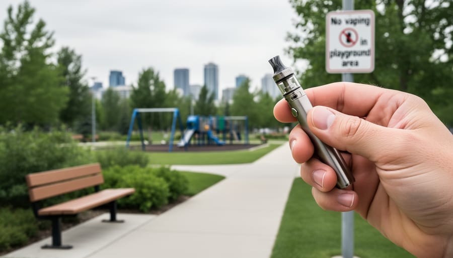 Adult hand holding a vape device in a Calgary park near a playground area, representing public vaping restrictions.