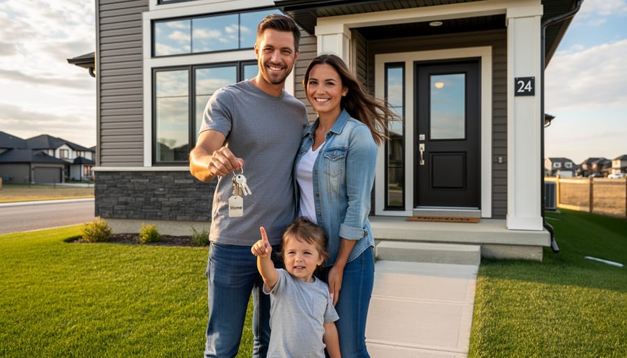 A family holding house keys inside a bright home doorway