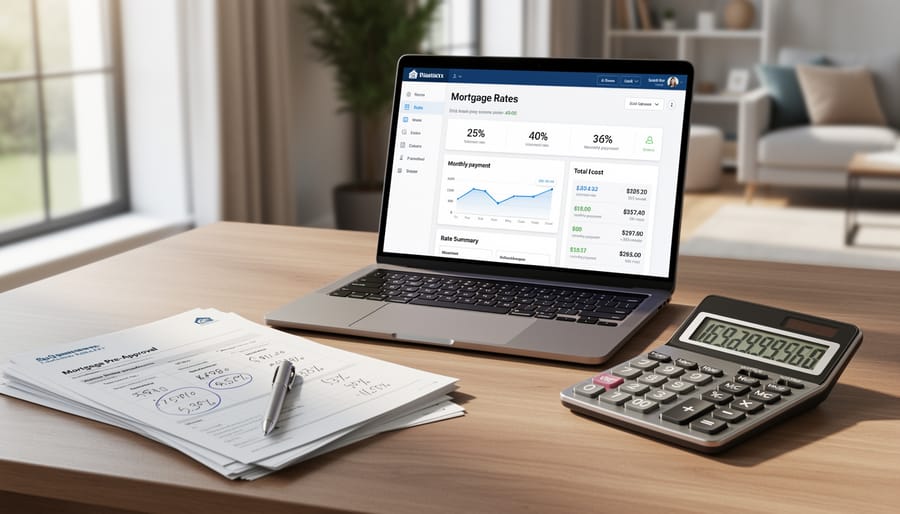 Mortgage documents, pen, and calculator on a desk
