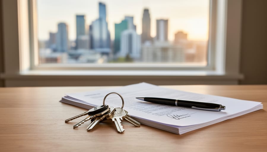 Person holding keys and legal papers at a kitchen table with moving boxes blurred in the background