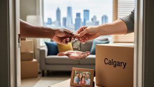 Hands holding keys at an open door in a new Calgary home, with moving boxes and a small framed family photo in the foreground.