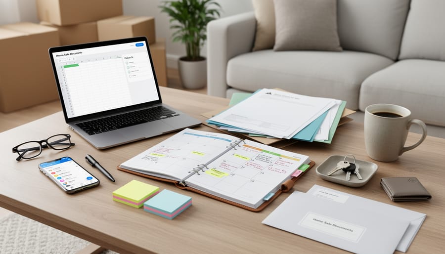 Overhead view of a rolling suitcase, open laptop, and blank planner on a hardwood floor